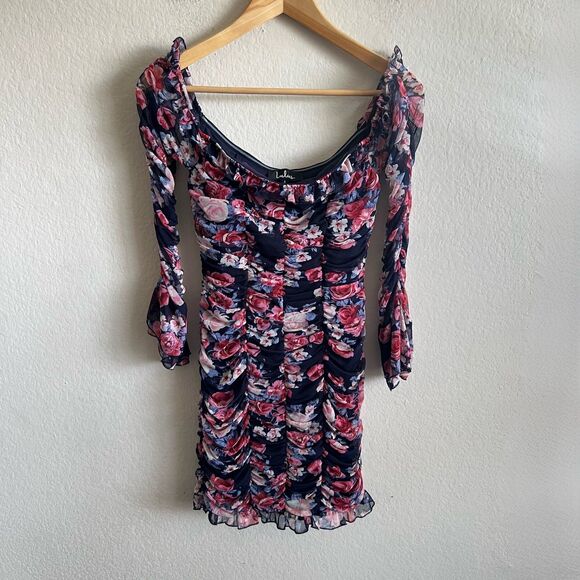 LULUS Navy Blue Pink Floral Ruched Off Shoulder Bodycon Mini Dress Womens Small - Picture 1 of 7